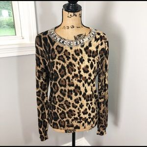 INC JEWEL COLLAR ANIMAL PRINT SWEATER